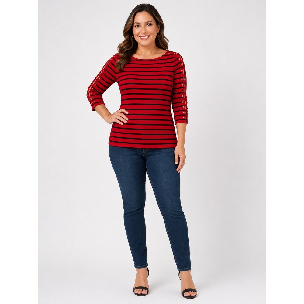 Lauren Ralph Lauren Striped Top Womens M Red Black Lace Up Sleeve‎ Boat Neck
